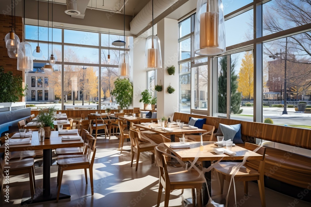 b'Fine dining restaurant with large windows and natural lighting'