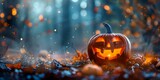 b'Spooky Halloween Pumpkin in the woods'