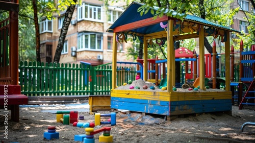 Vibrant Elementary Schoolyard Sandbox Scene with Playful Children and Colorful Booth Canopy, Summer Fun Concept