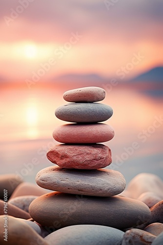 b Stones stacked on each other on a beach with a blurred sunset in the background 