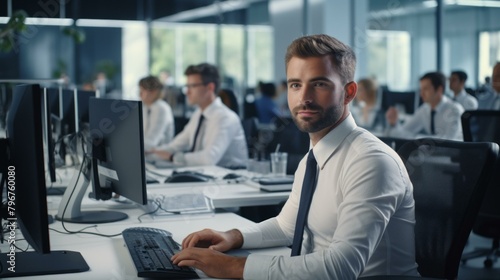 b'Confident businessman working on computer in busy office'