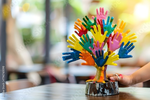 Promoting diverse community values through colorful hands tree symbolizing social responsibility. Concept Diverse Community Values, Colorful Hands Tree, Social Responsibility, Promoting Awareness