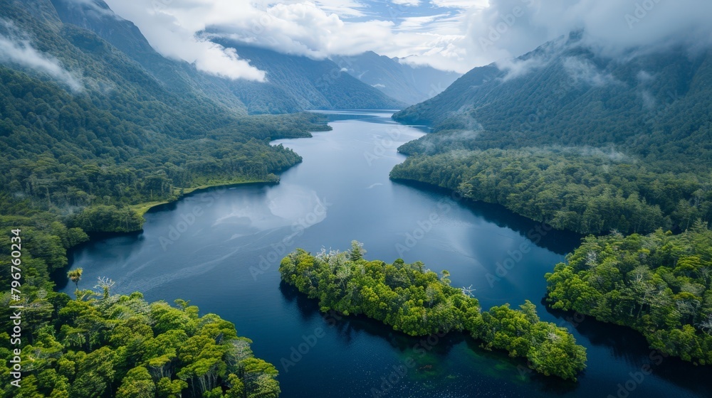 Aerial view of Fiordland National Park, dramatic fjords and pristine waters