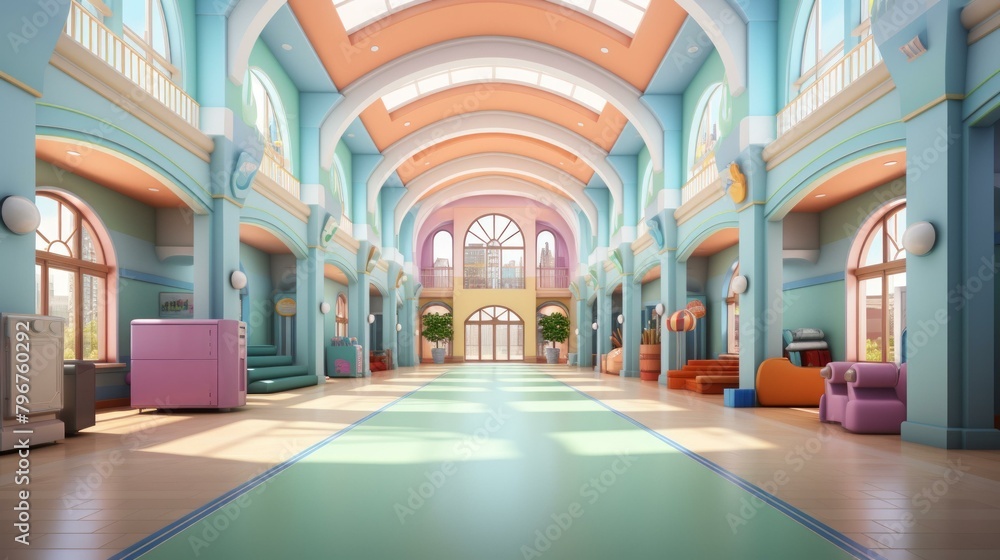 b'A brightly colored hallway with a large window at the end'