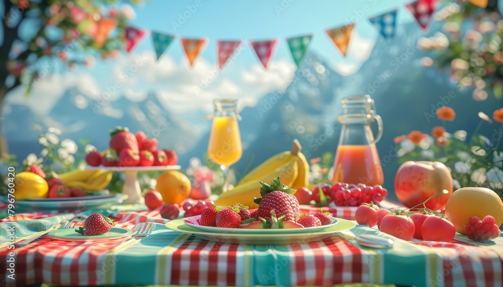 Fun 3D rendered background of a picnic scene with colorful plates and foods ideal for outdoor celebration event promotions