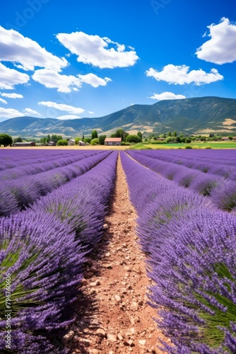 b'Lavender field with mountains in the distance'