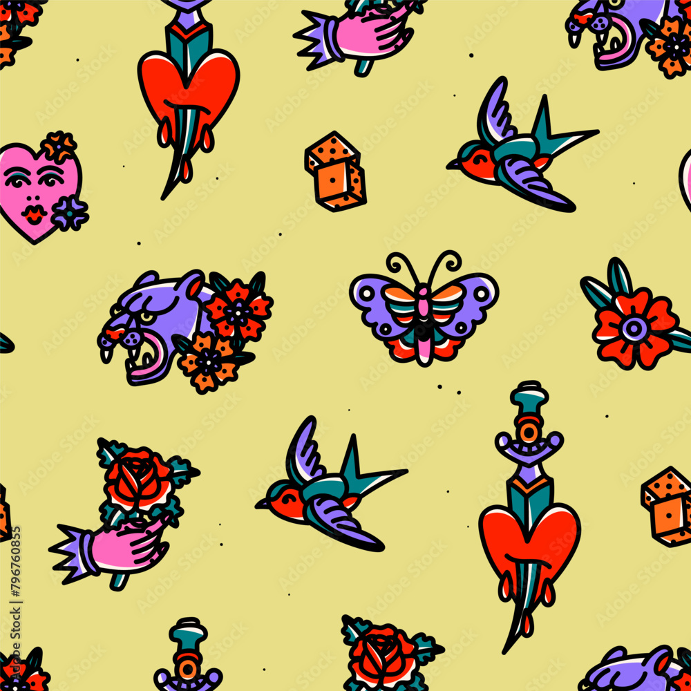 Fototapeta premium Various tattoo flashes. Hand drawn modern Vector illustration. Traditional tattoo style. Colorful bright set. Square seamless Pattern, background, wallpaper