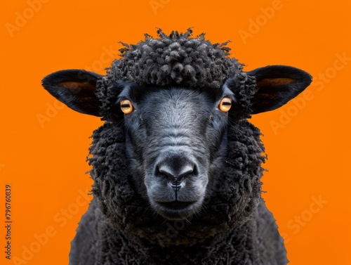 The blak sheep on orange sheeps background. An optimistic concept. 