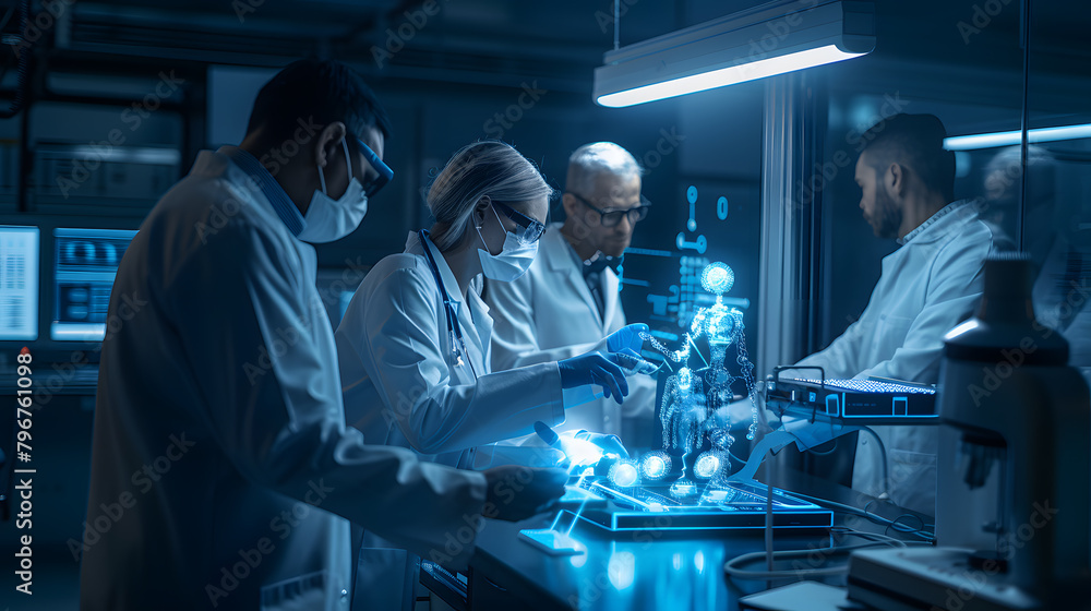 A group of scientists are working on a project in a lab A group of scientists are working on a project in a lab