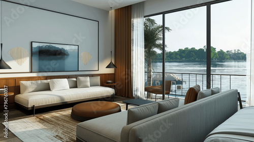 Living room in modern style with lake view