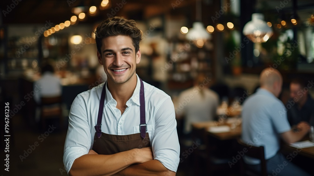 Obraz premium b'Portrait of a smiling young male waiter in a restaurant'