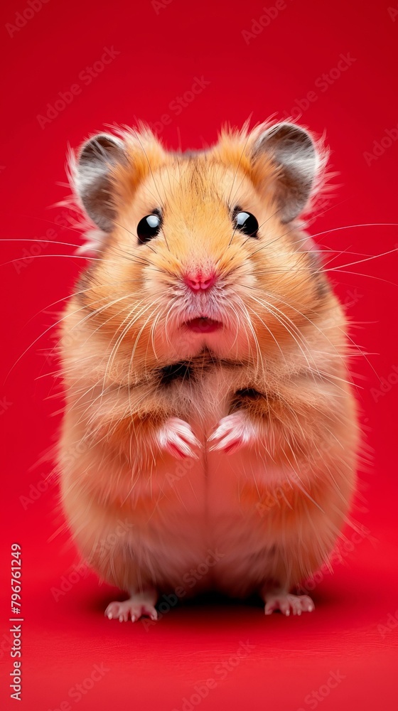 b'Small and cute hamster standing on red background' b'Small and cute hamster standing on red background'