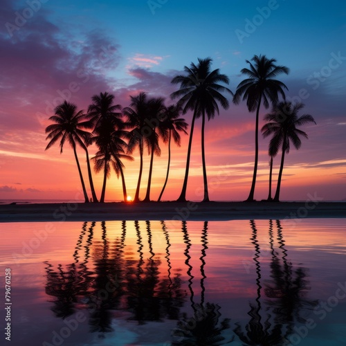 b'Palm trees on a tropical beach at sunset'