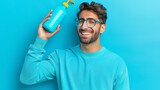 A man is holding a blue bottle of shampoo and smiling