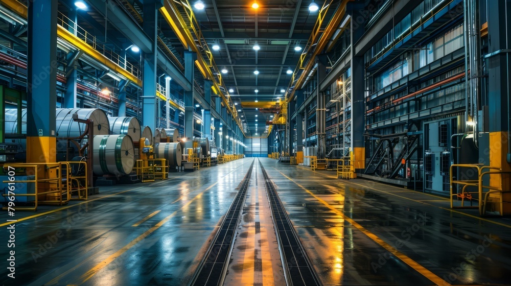 b'Modern factory interior with metalworking machines'