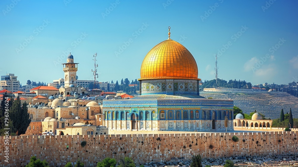 Jerusalem's skyline with Dome of the Rock and ancient architecture, clear day, high-definition, no glare, --ar 16:9 --stylize 250 Job ID: 0401a1d4-d7ab-4159-b3f7-d0eb330e8e85