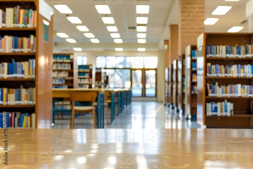 College library interior with blurred background, ideal for bookstore or education concept. Concept Academic setting, Indoor bookstore, Learning environment, Educational ambiance, Library interior