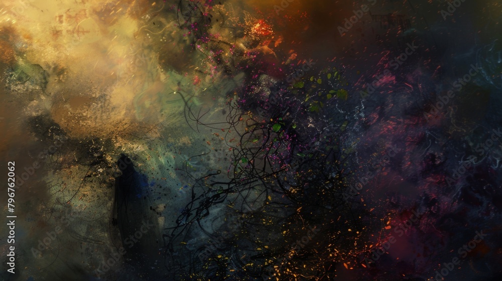 Obraz premium The image takes place in a dark and barren landscape with a figure hunched over in the foreground surrounded by a thick black fog. . .