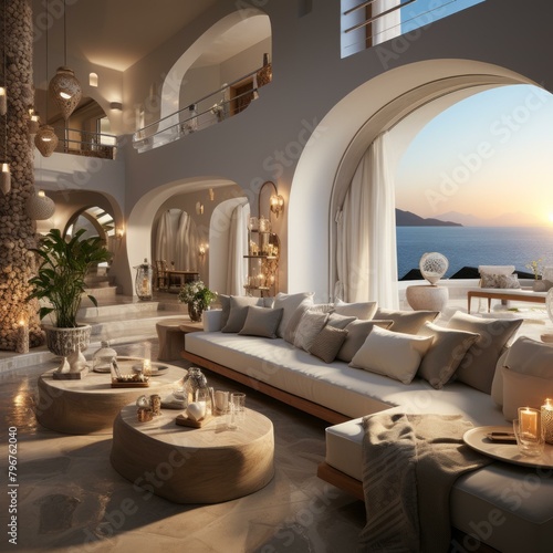 b'Modern luxury villa living room with stunning ocean views'