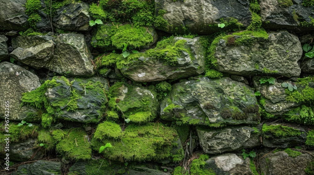 Lush green moss on an old stone wall - obrazy, fototapety, plakaty 