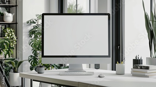 Home office workspace with a mock-up computer screen and stylish furnishings