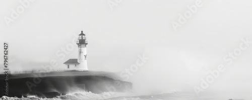 Peaceful lighthouse in misty seascape