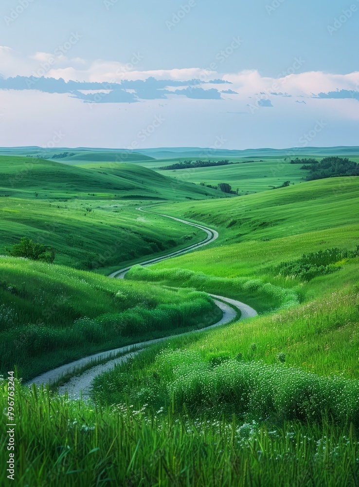 b'Scenic view of a rural road winding through a lush green hilly landscape'