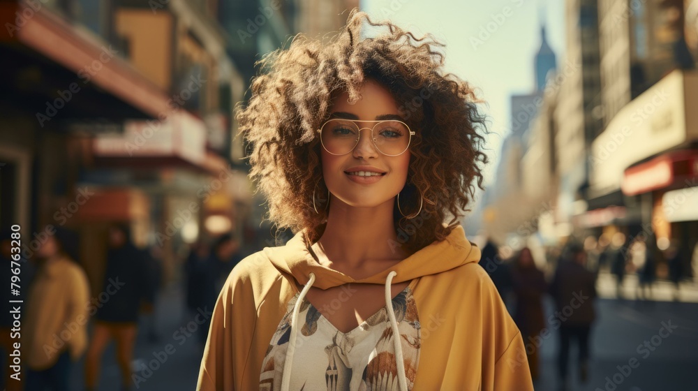 b'portrait of a young woman with curly hair smiling in the street'