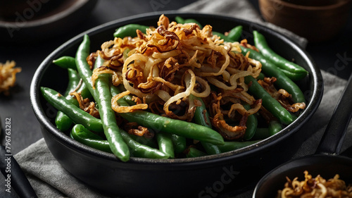 Green Bean Casserole topped with crispy fried onions in a black dish with spoon, american cuisine, view from above photo
