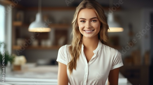 b'portrait of a beautiful young woman with blonde hair and blue eyes smiling in a kitchen'