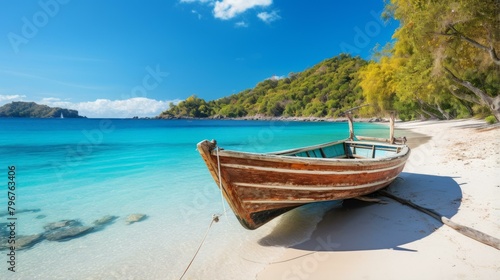 b'Wooden boat on a tropical beach with white sand and clear blue water'