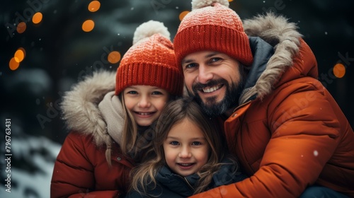 b'Father and daughters wearing orange winter coats and hats pose for a photo in the snow.'
