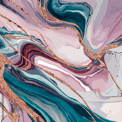 Abstract luxury marble background, watercolor, alcohol ink painting of a blue and pink swirl with gold glitter. Vector illustration.