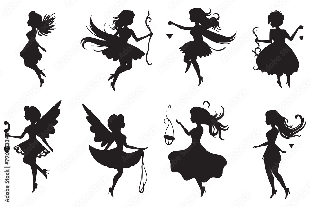 Set of silhouettes Magical fairies in the cartoon style vector Set of silhouettes Magical fairies in the cartoon style vector