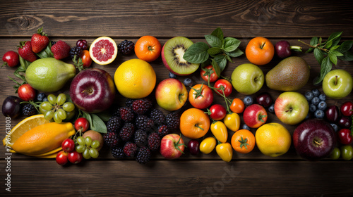 Top view of fresh fruits  vegetables and berries on wood floor background