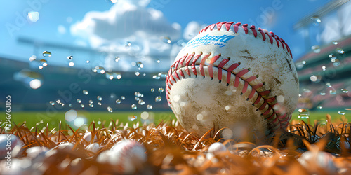 Baseball placed on grass, splashing water with baseball photo