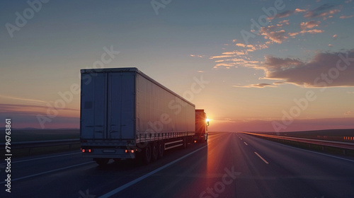 Detailed scene of a lone cargo truck on a vast highway  the horizon glowing with the colors of the setting sun  a portrait of tranquility and motion