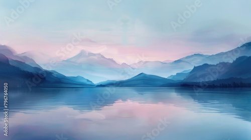 Serene Mountain Lake at Dawn with Reflective Water and Pastel Sky © Viktorikus