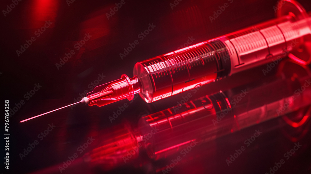 A striking red holographic projection of a syringe detailed and 3D contrasting dramatically with a shadowy background A striking red holographic projection of a syringe detailed and 3D contrasting dramatically with a shadowy background