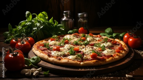 b'A delicious pizza with tomatoes, basil, and cheese'