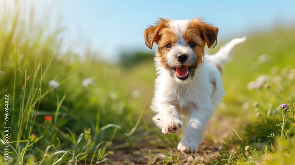 b'Small cute puppy dog running on the field'