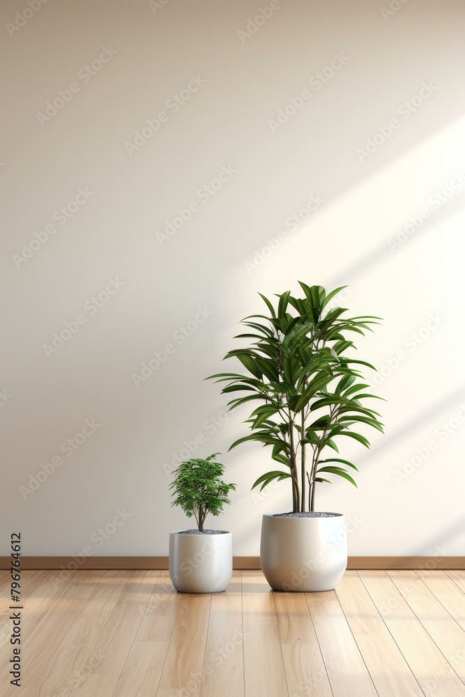 b'Two potted plants in front of a beige wall'