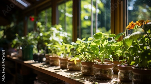b'Indoor plants on a shelf in front of a large window'