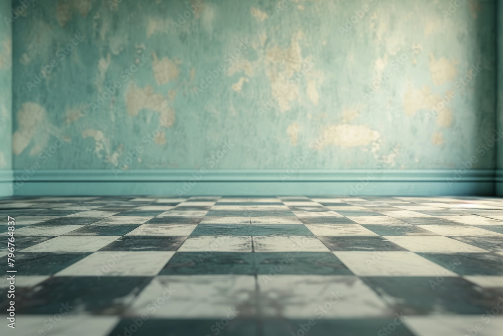 Fototapeta premium Soft light in empty room with turquoise walls and dark checkered floor