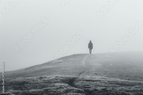 b'Person walking alone in the fog on a hilltop' photo