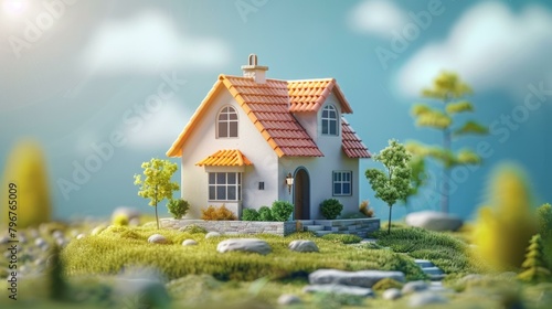 b'3D rendering of a small house with orange roof'
