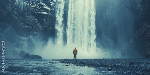 b'Man standing in front of waterfall'