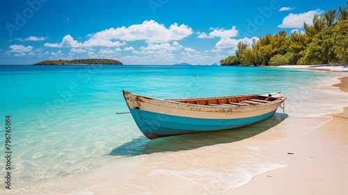 b'Wooden boat on a tropical beach with white sand and crystal clear water'