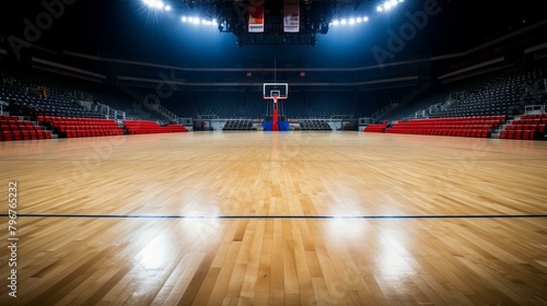 b'Basketball court with red and black seats and bright lights' photo