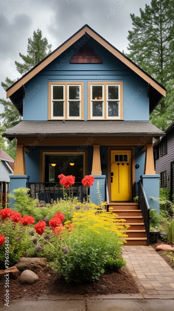 b'A colorful Craftsman-style bungalow with a yellow door' b'A colorful Craftsman-style bungalow with a yellow door'